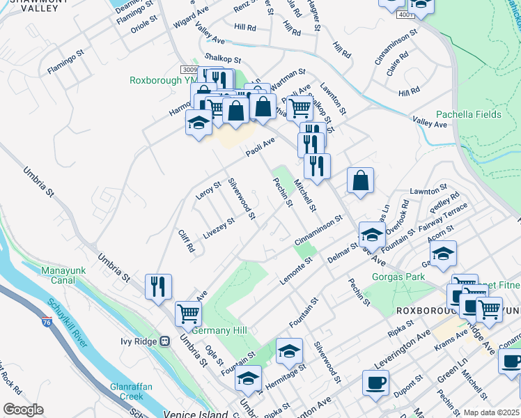 map of restaurants, bars, coffee shops, grocery stores, and more near 405 Livezey Street in Philadelphia