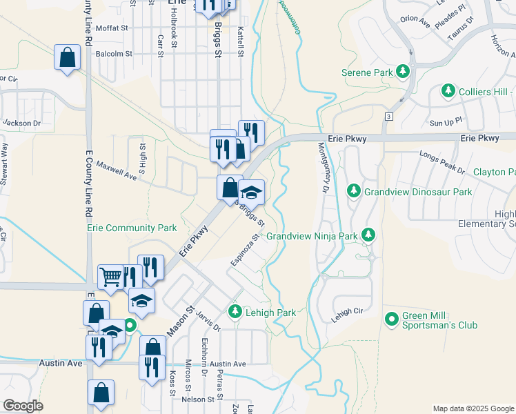 map of restaurants, bars, coffee shops, grocery stores, and more near 201 South Briggs Street in Erie