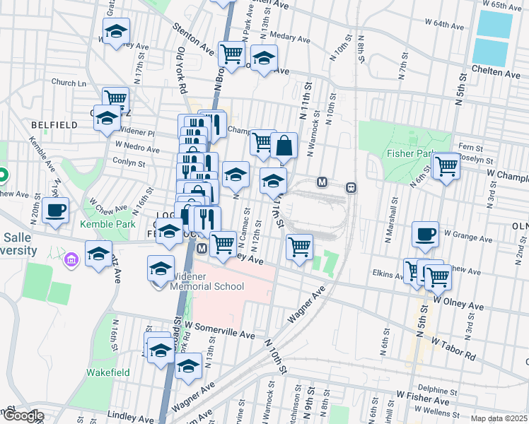 map of restaurants, bars, coffee shops, grocery stores, and more near 5801 North Camac Street in Philadelphia