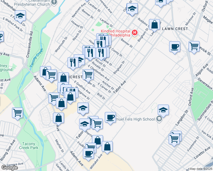 map of restaurants, bars, coffee shops, grocery stores, and more near 576 Anchor Street in Philadelphia