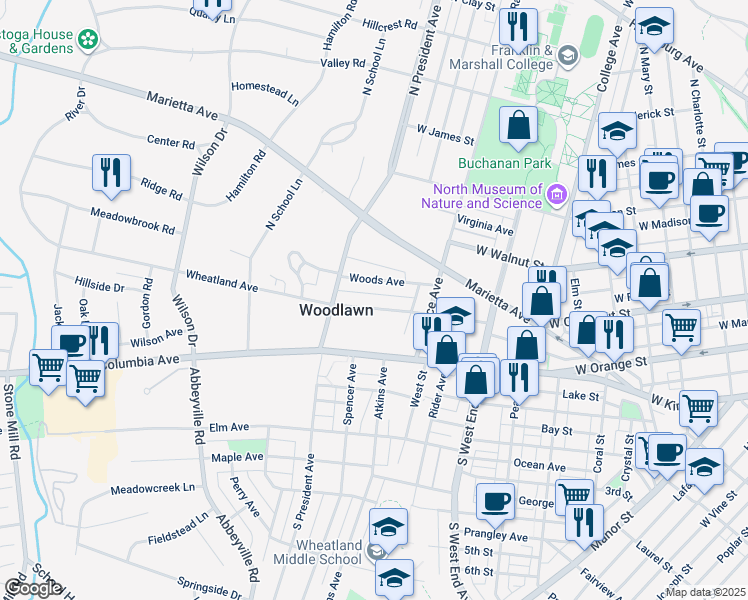 map of restaurants, bars, coffee shops, grocery stores, and more near 1053 Wheatland Avenue in Lancaster
