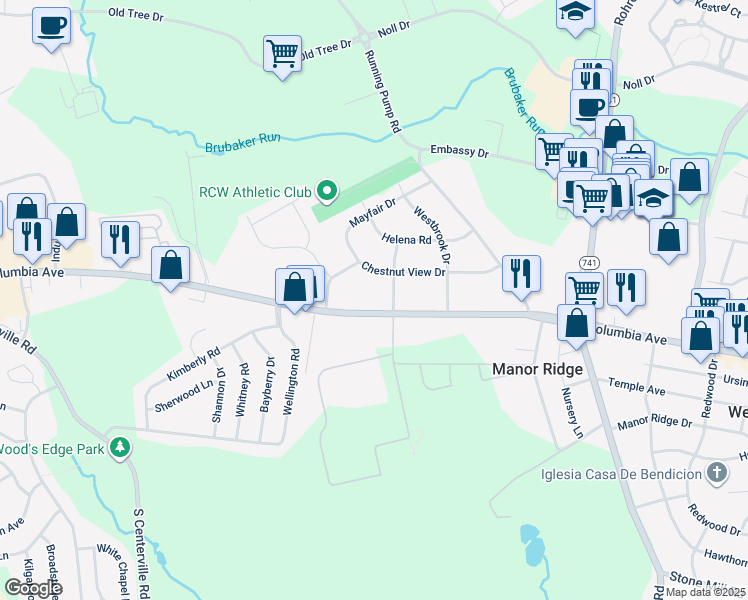 map of restaurants, bars, coffee shops, grocery stores, and more near 2511 Columbia Avenue in Lancaster