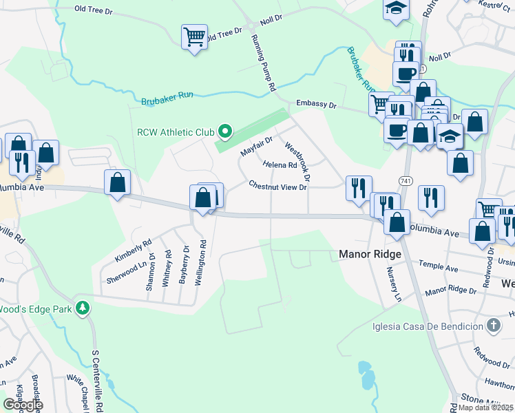 map of restaurants, bars, coffee shops, grocery stores, and more near 2511 Columbia Avenue in Lancaster
