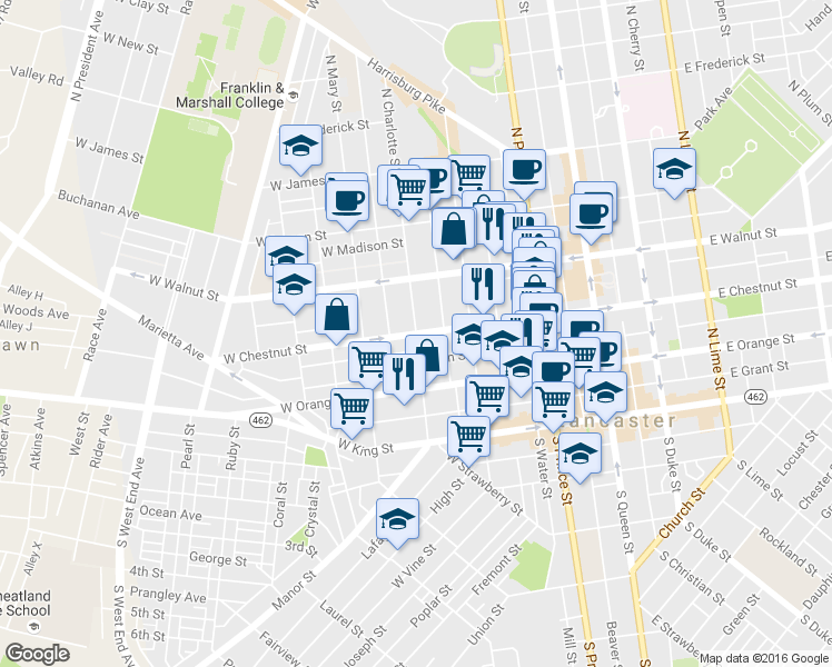 map of restaurants, bars, coffee shops, grocery stores, and more near W Chestnut St & N Charlotte St in Lancaster