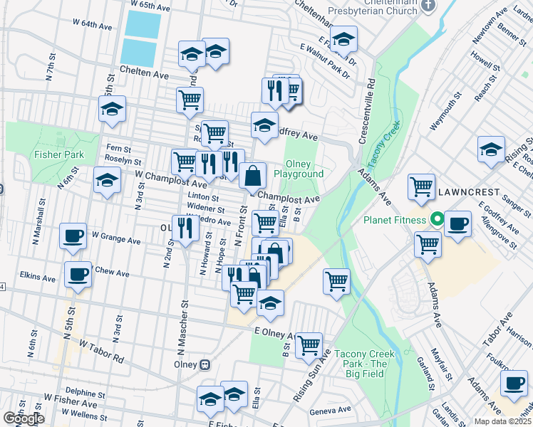 map of restaurants, bars, coffee shops, grocery stores, and more near 5926 A Street in Philadelphia