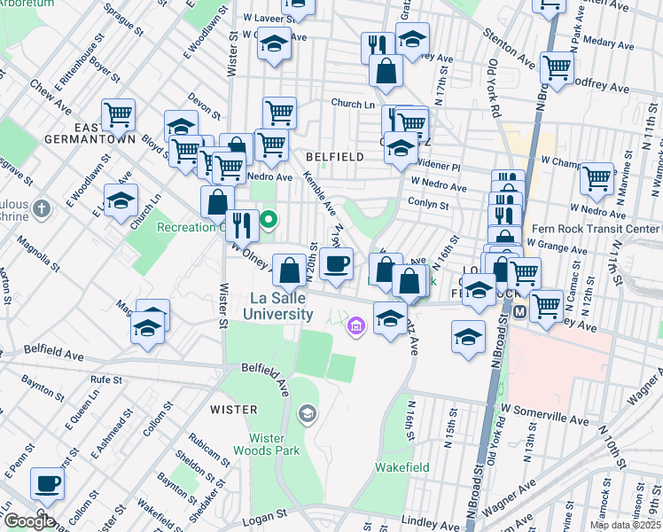 map of restaurants, bars, coffee shops, grocery stores, and more near 5645 North Uber Street in Philadelphia