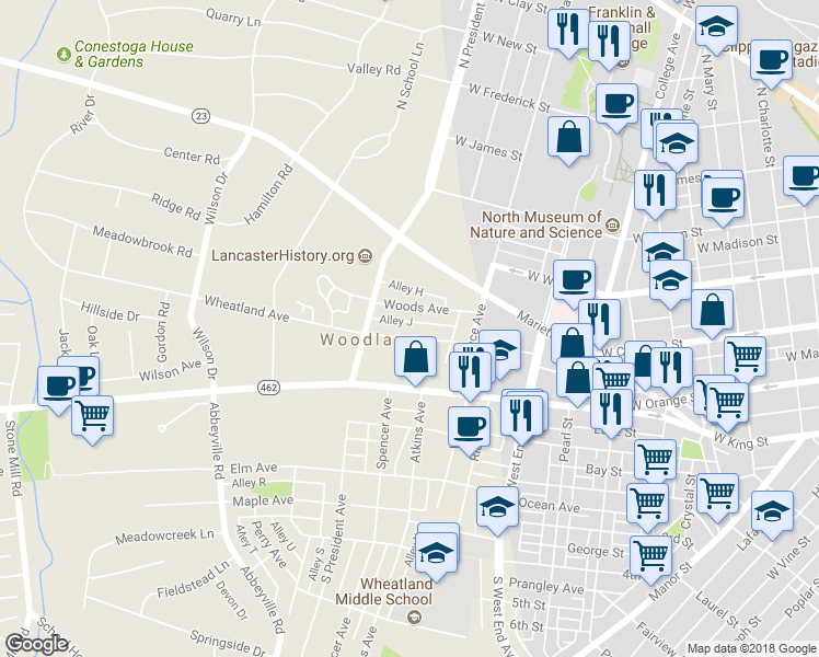 map of restaurants, bars, coffee shops, grocery stores, and more near 1053 Wheatland Avenue in Lancaster