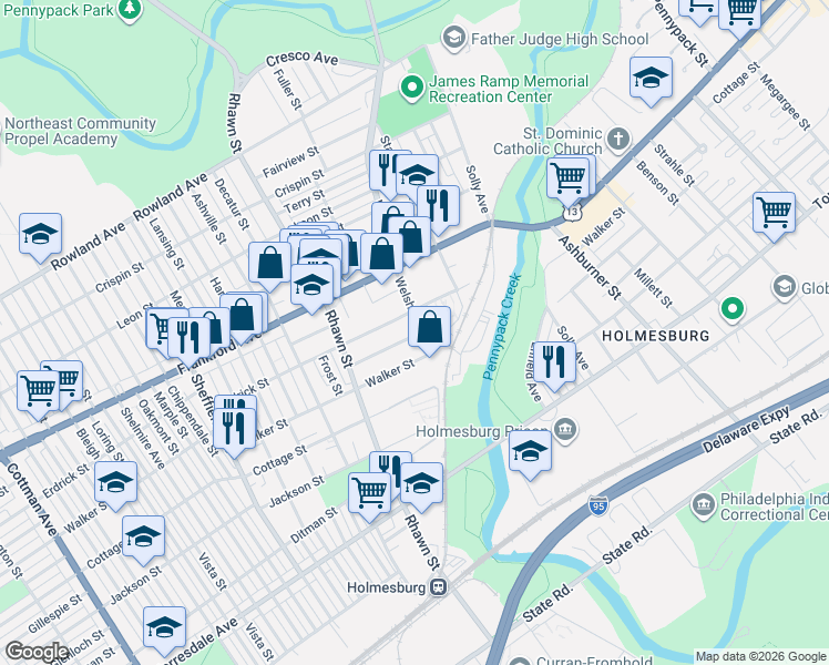 map of restaurants, bars, coffee shops, grocery stores, and more near 8066 Erdrick Street in Philadelphia