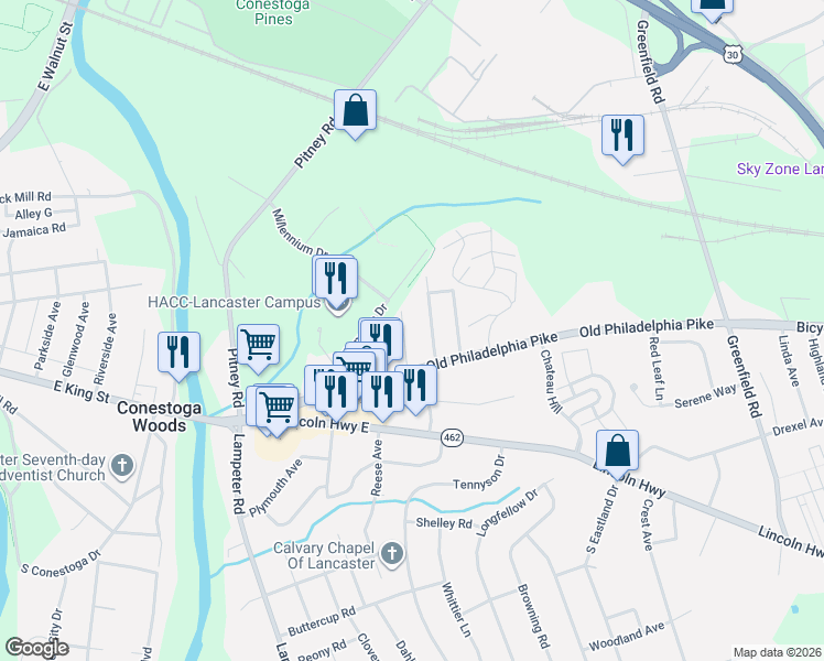 map of restaurants, bars, coffee shops, grocery stores, and more near 126 Crestmont Avenue in Lancaster