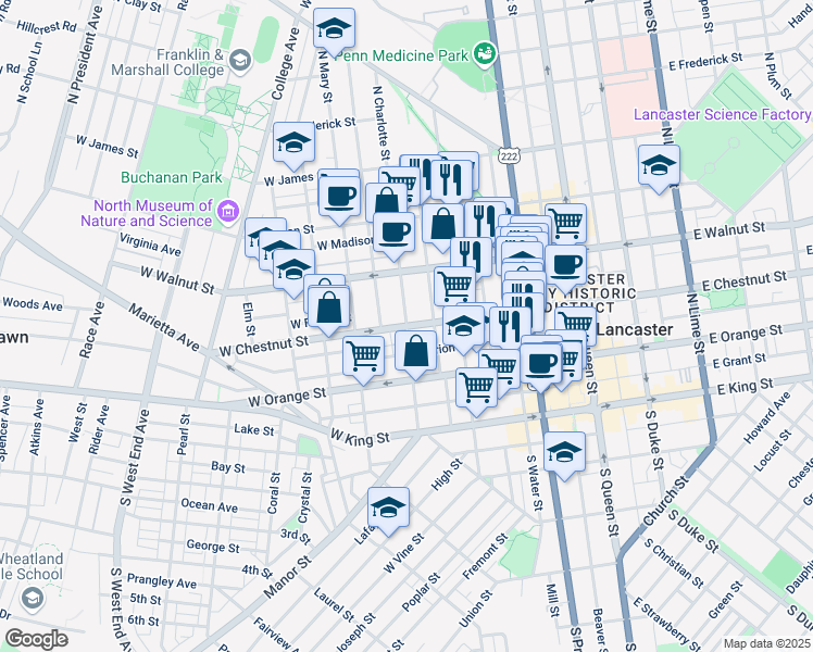 map of restaurants, bars, coffee shops, grocery stores, and more near West Chestnut Street in Lancaster