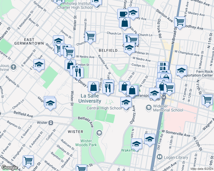 map of restaurants, bars, coffee shops, grocery stores, and more near 5645 North Uber Street in Philadelphia