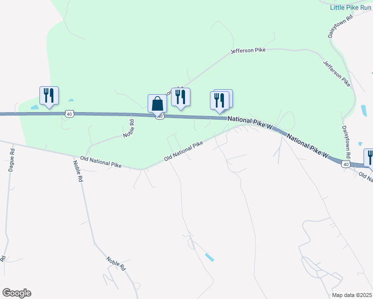 map of restaurants, bars, coffee shops, grocery stores, and more near 559 Old National Pike in Brownsville