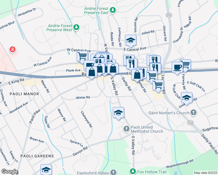 map of restaurants, bars, coffee shops, grocery stores, and more near 50 South Valley Road in Paoli
