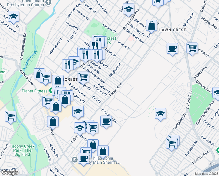 map of restaurants, bars, coffee shops, grocery stores, and more near 628 East Cheltenham Avenue in Philadelphia