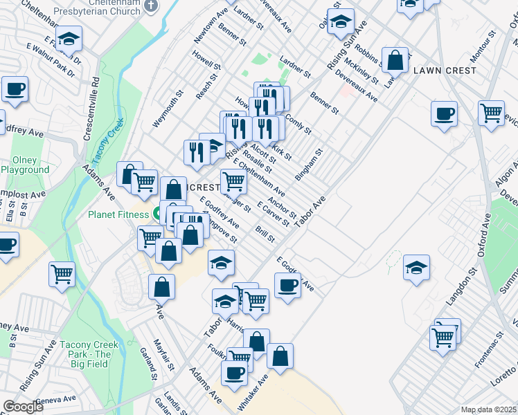 map of restaurants, bars, coffee shops, grocery stores, and more near 584 East Carver Street in Philadelphia
