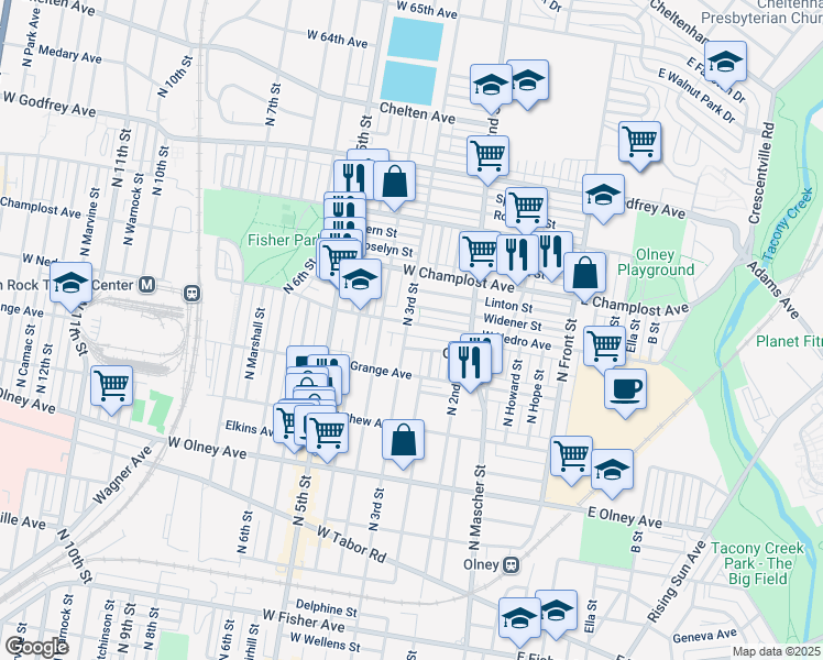 map of restaurants, bars, coffee shops, grocery stores, and more near 280 West Nedro Avenue in Philadelphia