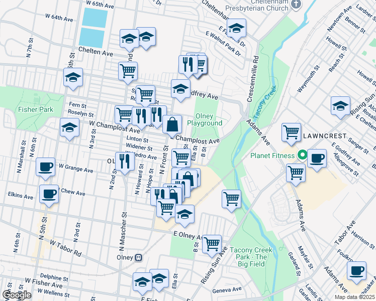 map of restaurants, bars, coffee shops, grocery stores, and more near 5929 A Street in Philadelphia