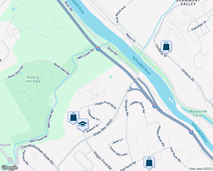 map of restaurants, bars, coffee shops, grocery stores, and more near 1650 Oakwood Drive in Narberth