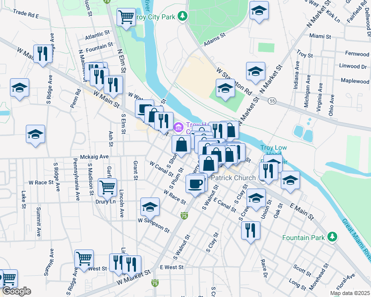 map of restaurants, bars, coffee shops, grocery stores, and more near 215 West Main Street in Troy