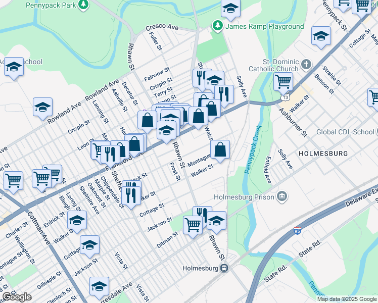 map of restaurants, bars, coffee shops, grocery stores, and more near 8022 Erdrick Street in Philadelphia