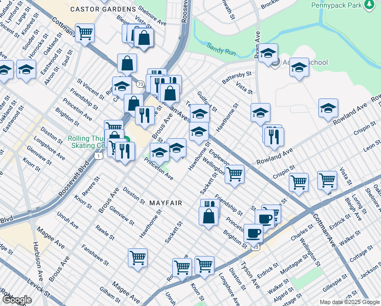 map of restaurants, bars, coffee shops, grocery stores, and more near 3020 Wellington Street in Philadelphia