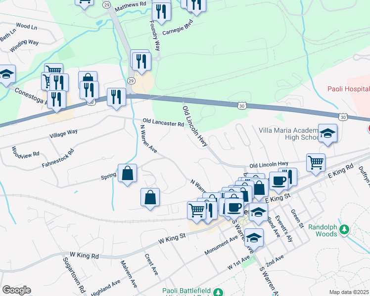 map of restaurants, bars, coffee shops, grocery stores, and more near 34 Daisey Lane in Malvern