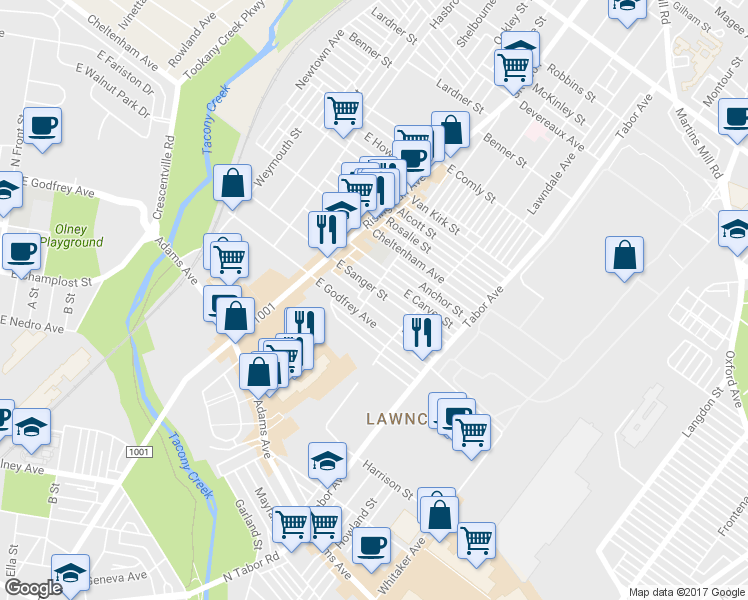 map of restaurants, bars, coffee shops, grocery stores, and more near 556 East Sanger Street in Philadelphia