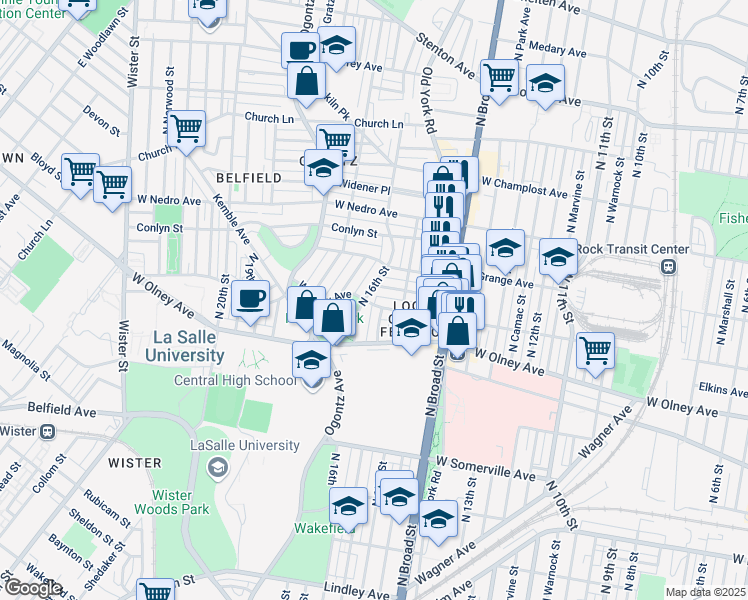 map of restaurants, bars, coffee shops, grocery stores, and more near 5703 North 16th Street in Philadelphia