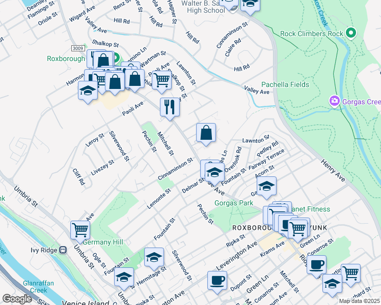 map of restaurants, bars, coffee shops, grocery stores, and more near 6712 Ridge Avenue in Philadelphia