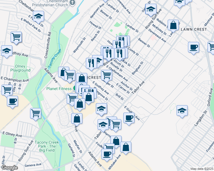 map of restaurants, bars, coffee shops, grocery stores, and more near 556 East Sanger Street in Philadelphia