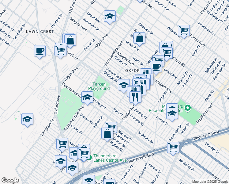 map of restaurants, bars, coffee shops, grocery stores, and more near 1231 Stirling Street in Philadelphia
