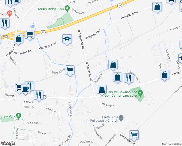 map of restaurants, bars, coffee shops, grocery stores, and more near 81 North Donerville Road in Mountville
