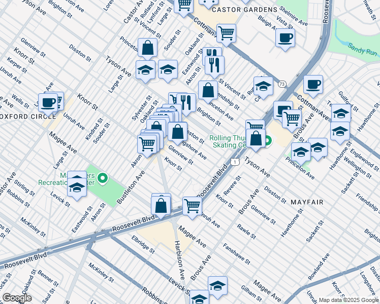map of restaurants, bars, coffee shops, grocery stores, and more near 2156 Longshore Avenue in Philadelphia