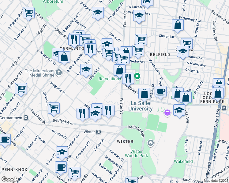 map of restaurants, bars, coffee shops, grocery stores, and more near 734 Penn Boulevard in Philadelphia