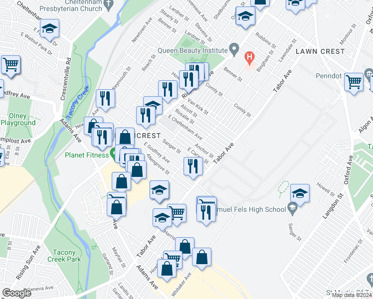 map of restaurants, bars, coffee shops, grocery stores, and more near 582 East Carver Street in Philadelphia