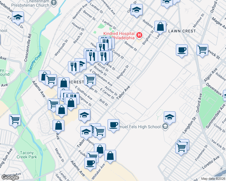 map of restaurants, bars, coffee shops, grocery stores, and more near 607 East Cheltenham Avenue in Philadelphia