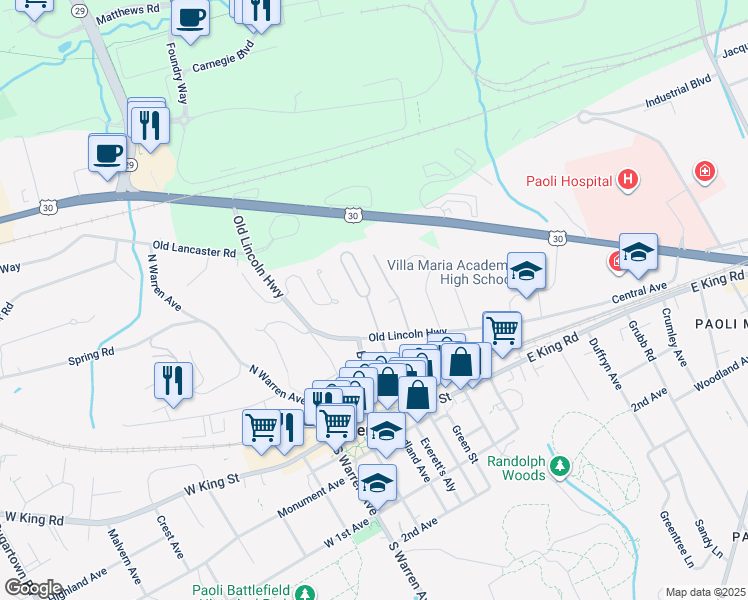 map of restaurants, bars, coffee shops, grocery stores, and more near 230 Miner Street in Malvern