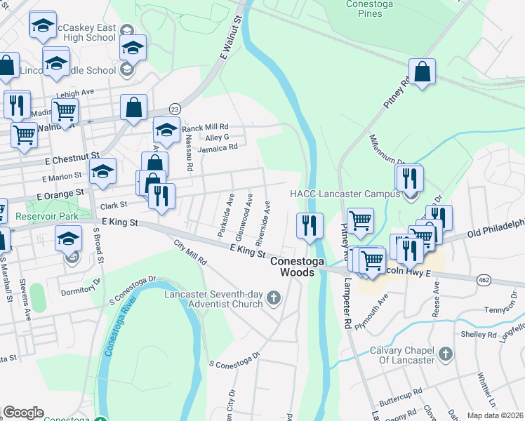 map of restaurants, bars, coffee shops, grocery stores, and more near 33 Riverside Avenue in Lancaster