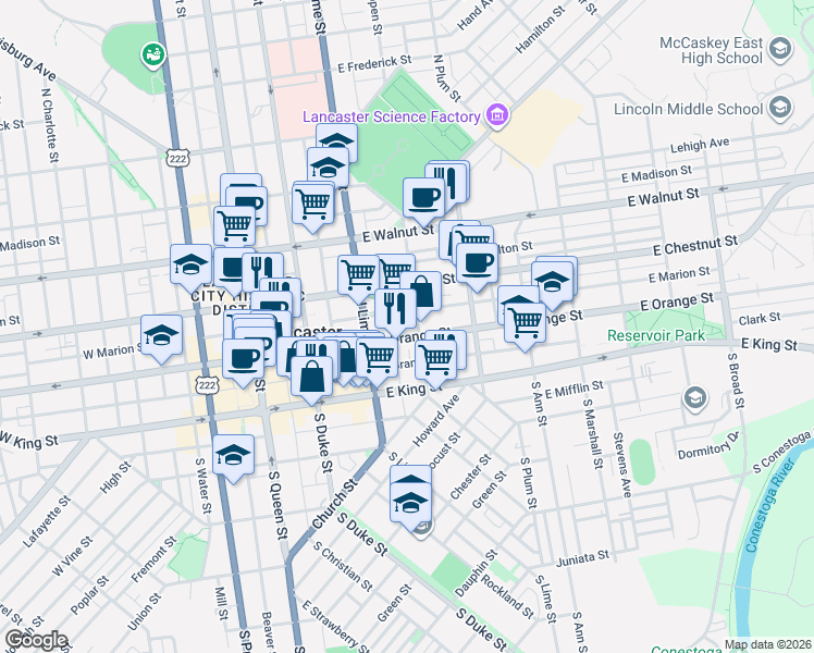 map of restaurants, bars, coffee shops, grocery stores, and more near 232 East Marion Street in Lancaster