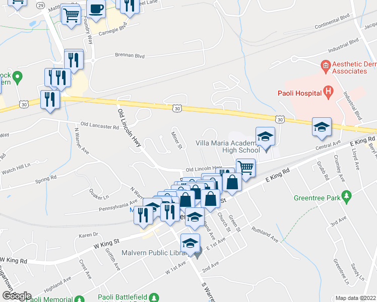 map of restaurants, bars, coffee shops, grocery stores, and more near 230 Miner Street in Malvern