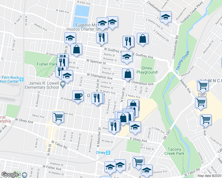 map of restaurants, bars, coffee shops, grocery stores, and more near 150 Widener Street in Philadelphia