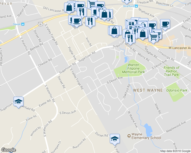 map of restaurants, bars, coffee shops, grocery stores, and more near 162 Morningside Circle in Wayne