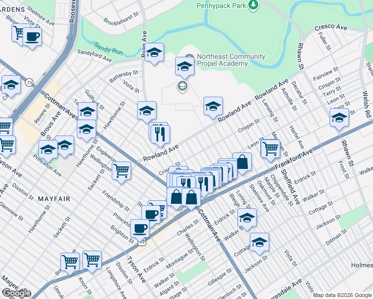 map of restaurants, bars, coffee shops, grocery stores, and more near 3300 Tudor Street in Philadelphia