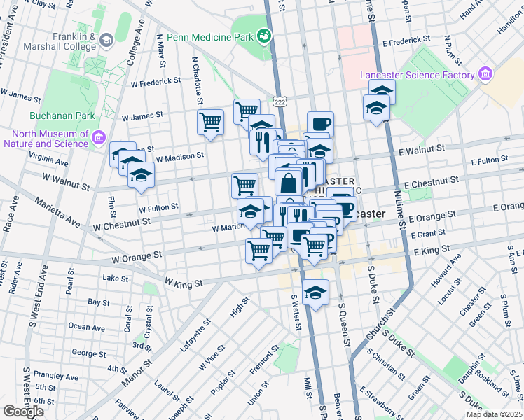 map of restaurants, bars, coffee shops, grocery stores, and more near 232 West Chestnut Street in Lancaster