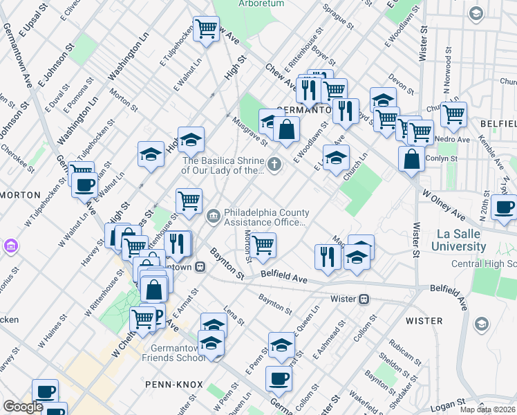 map of restaurants, bars, coffee shops, grocery stores, and more near 424 East Woodlawn Street in Philadelphia