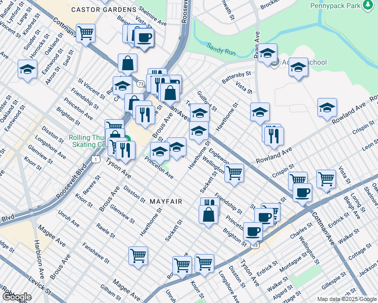 map of restaurants, bars, coffee shops, grocery stores, and more near 3010 Wellington Street in Philadelphia