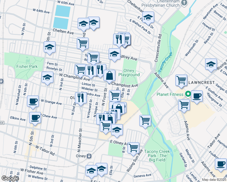 map of restaurants, bars, coffee shops, grocery stores, and more near 5929 North Water Street in Philadelphia
