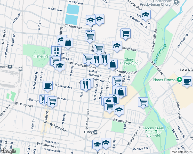map of restaurants, bars, coffee shops, grocery stores, and more near 164 Linton Street in Philadelphia