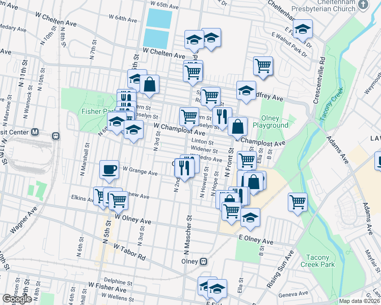 map of restaurants, bars, coffee shops, grocery stores, and more near 164 Linton Street in Philadelphia