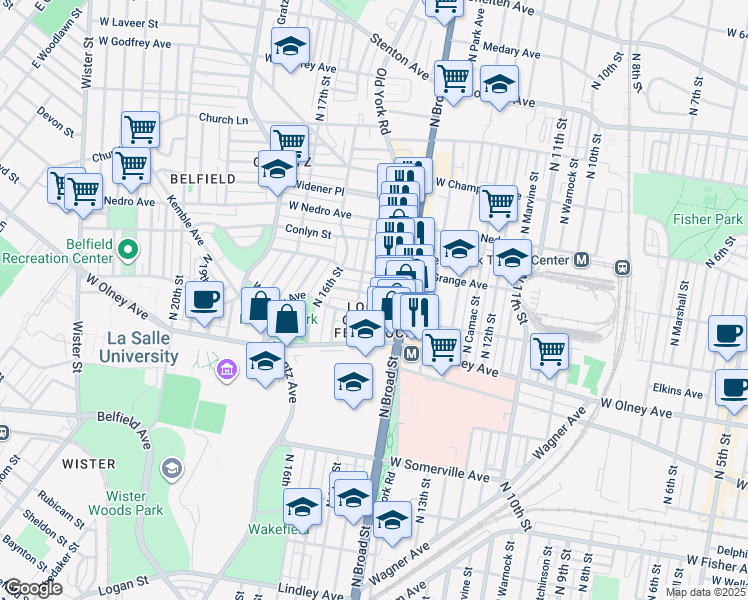 map of restaurants, bars, coffee shops, grocery stores, and more near 1428 West Grange Avenue in Philadelphia